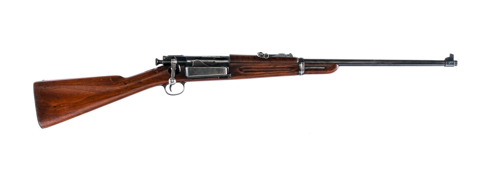 Springfield Armory 1896 .30-40 Krag Carbine Rifle: Description U.S. Springfield Armory 1896 Krag Jorgensen Saddle Ring Carbine in .30-40 Krag with a five round capacity and a 22.5" barrel. This carbine was made as a aftermarket rifle cut down to a car