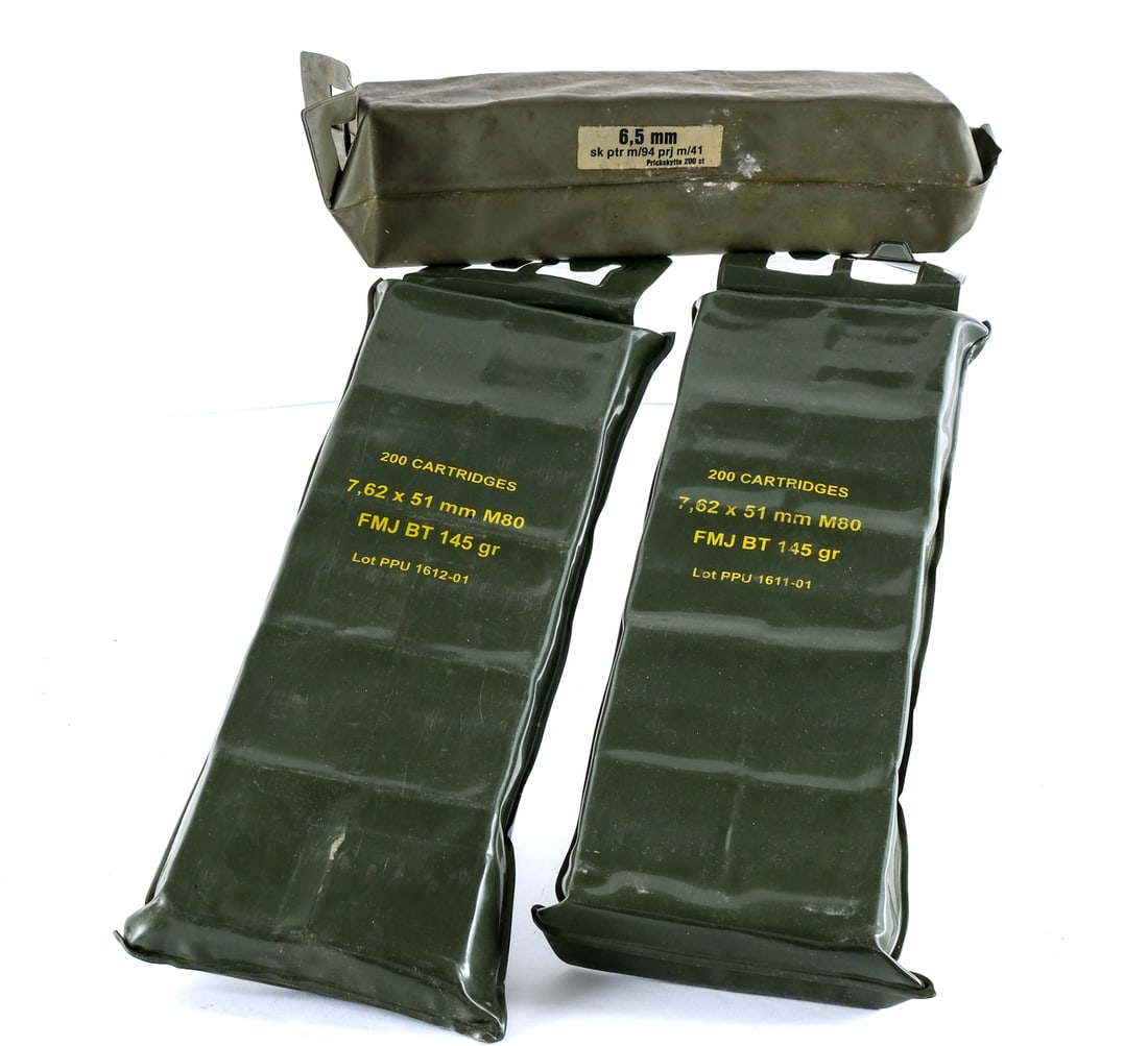 Battle Pack Lot 7.62x51 and 6.5x55mm: Description This lot is for three total battle packs with 200 rounds each. First is two 200 round packs of PPU 7.62x41mm M80 full metal jacket BT 145 grain. The lots are PPU 1612-01 and 1611-01. The s
