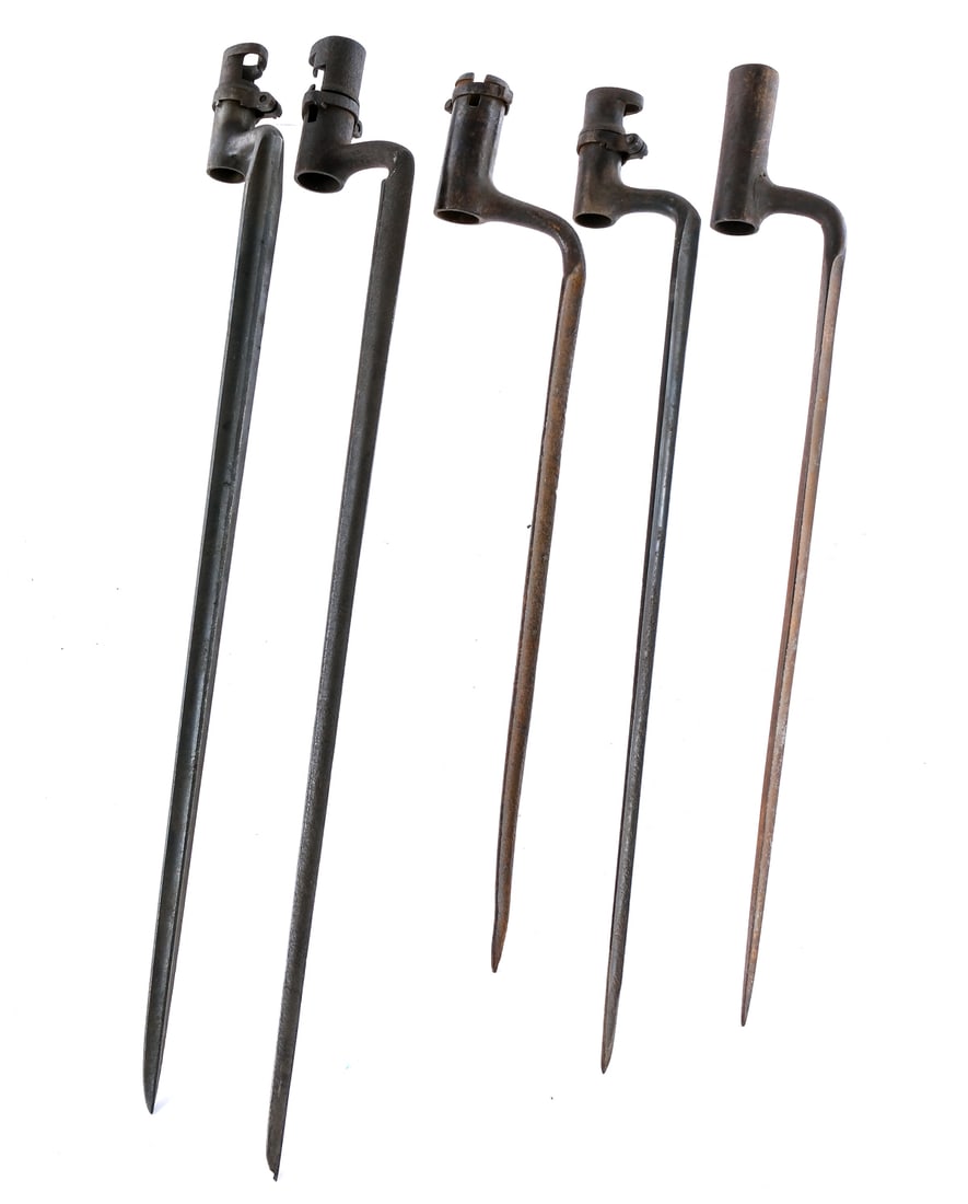Socket Bayonet Lot Five Pieces: Description This lot is for five socket bayonets of varying size, length, and model. The bayonets are of unknown origin appear to either be unmarked or the markings have worn away. Non guns, ships dir