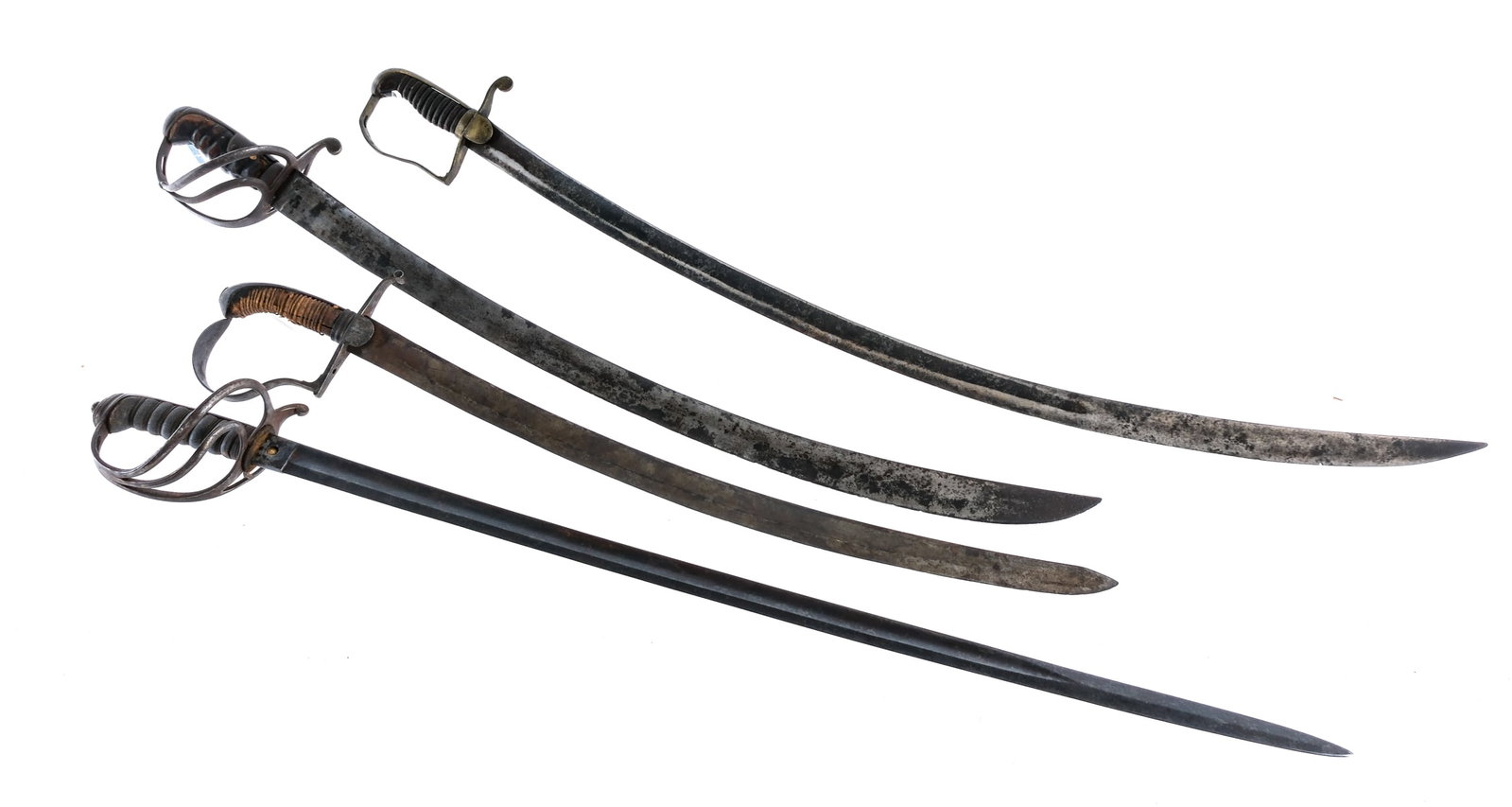Mixed Artillery Sword 4Pcs Lot Blades: Description Estate lot with four mixed artillery swords. Leather, shark or ray skin wrapped grips. Brass or steel hand guards and pommels. Only one has a visible maker mark: Cockburn & Co. Ships to bu