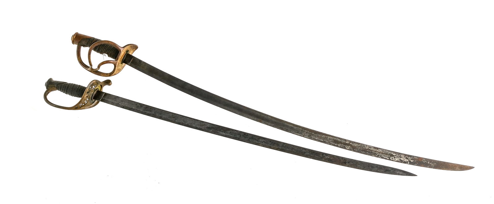 Estate Swords 2Pcs Lot Blades: Description Estate sword/Saber lot with two pieces. Tomes, Son & Melvaine Presentation sword measuring in with a 31" blade. Brass hand guard and pommel. Leather and wire wrapped hand grip. Etched blad