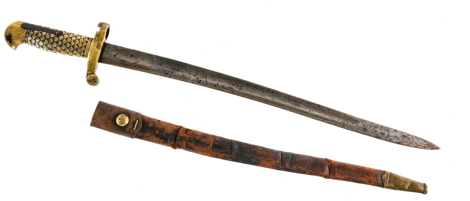 Winchester 1873/76 Musket Sword Bayonet: Description Winchester Model 1873/1876 musket sword bayonet and leather scabbard. Yataghan style fullered blade. Cast brass hand grip with eagle head shaped pommel. Blade measures: 20" long. Come in a