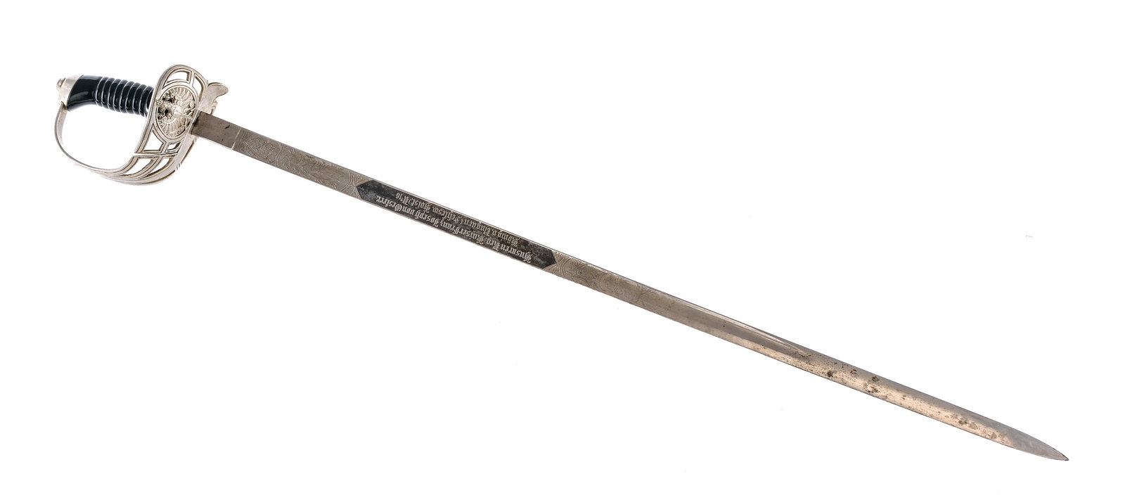 Prussian Officers Presentation 16th Hussars Sword: Description Ahrendt & Kroger Schleswig, Prussian Officers Presentation sword with 16th Hussars etching on the blade. The 16th Hussars were a calvary regiment from 1866-1918, they fought in the Franco-