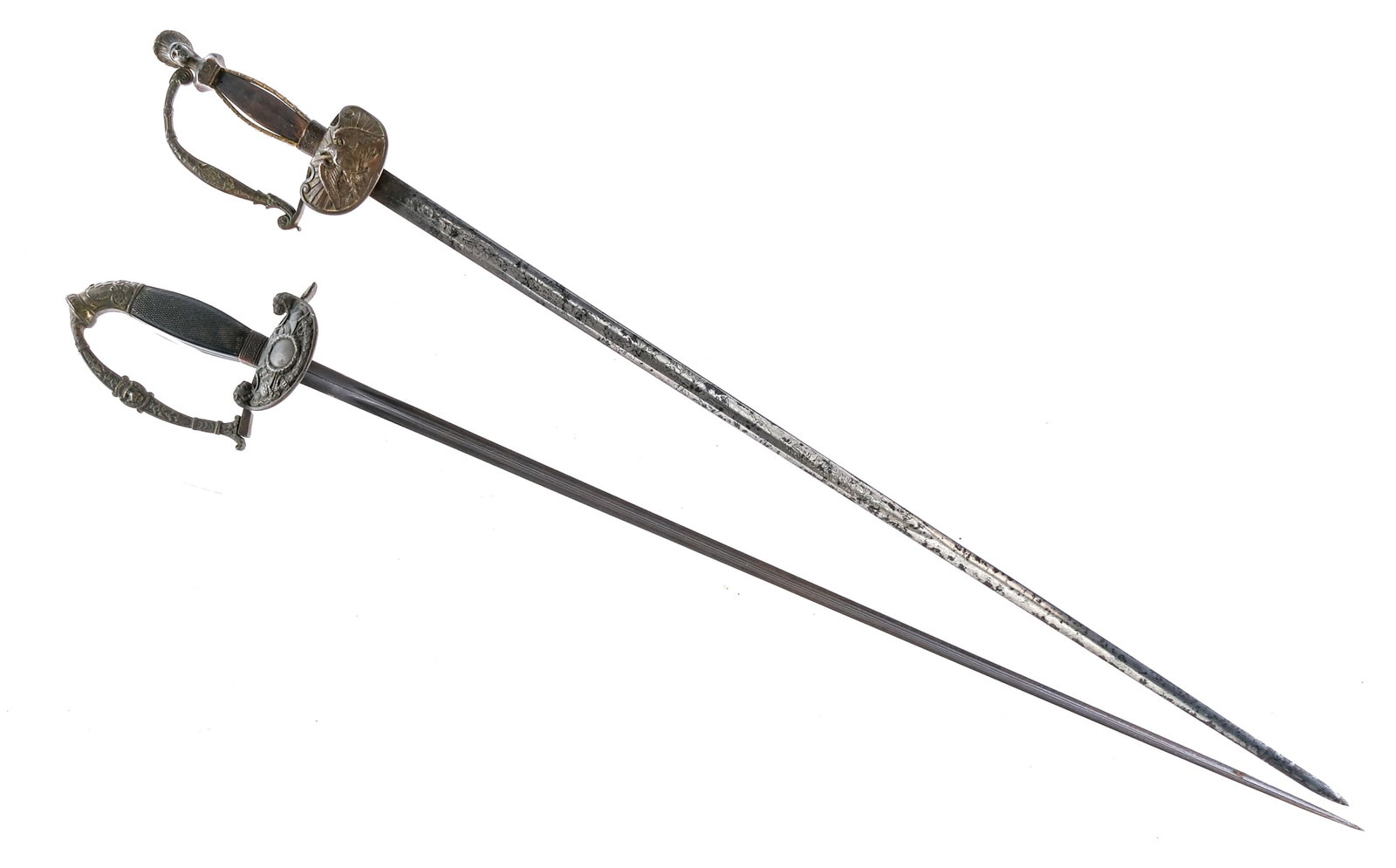 Officers Dress/Presentation Sword 2Pcs Lot Blades: Description This lot is for two Officers Dress/Presentation swords. The sword with two lions has a 28.5" spike blade and no visible maker mark. Checkered composite hand grip. Brass handguard with lion