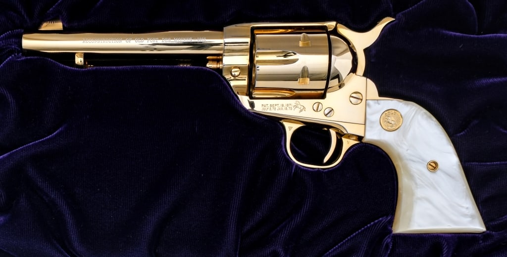 Cased Colt SAA Old FT Des Moines .45 Colt Revolver: Description Colt Reconstruction of Old Fort Des Moines Commemorative Single Action Army chambered in .45 Colt with a six-shot cylinder and a 5.5" barrel. Manufactured in 1965 with serial number 0143FD
