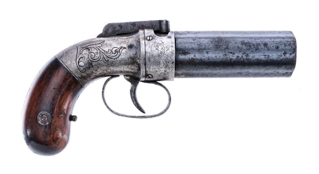 Allen & Thurber Pepperbox .32 Pistol: Description Allen & Thurber Pepperbox in .32 caliber with a six round capacity and a 3.5" barrel. Made in Worchester Massachusetts between 1847-1856. Smooth wood grip plates. Finish worn hand engraved