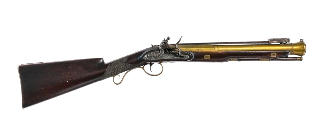 W Horton Folding Bayonet Flintlock Blunderbuss: Description Folding bayonet Blunderbuss by William Horton, a well-known British gunmaker dating to circa 1790. This example features a 15", two stage brass barrel with belled muzzle and octagonal bree