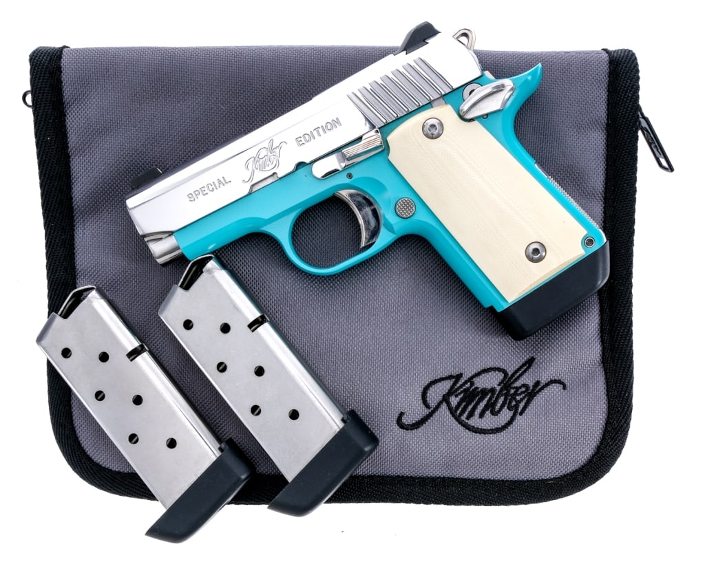 Kimber Micro 9 Bel Air 9mm Semi Auto Pistol: Description Kimber Micro-9 Bel Air Special Edition in 9mm with three, six round removable magazines and a 3" barrel. G-10 composite grip plates. Anodized teal color finished frame. Polished steel serr