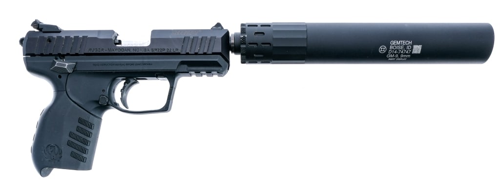 Ruger SR22P .22 LR Semi Auto Pistol: Description Ruger SR22P in .22 Long Rifle missing its magazine with a 4" threaded barrel. Texture grip on composite frame. Blued trigger and hammer. Black finished serrated slide. Ambidextrous push bu
