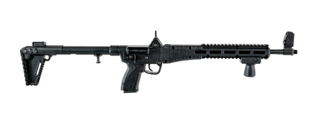 Kel-Tec Sub-2000 9mm Semi Auto Folding Rifle: Description Kel-Tec Sub-2000 chambered in 9mm with one, seventeen round Glock magazine and a 16.1" threaded barrel. 11.5" Polymer handguard with top and bottom picatinny accessories rail. The bottom r