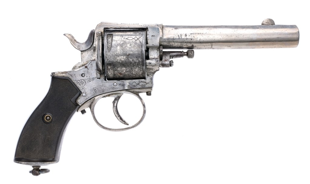 British Constabulary .50 CF DA Revolver: Description British Constabulary Double Action Revolver in .50 Centerfire with a five round capacity and a 5.5" barrel. Made in Belgium between 1880 and 1898. Engraved frame, trigger guard, cylinder a