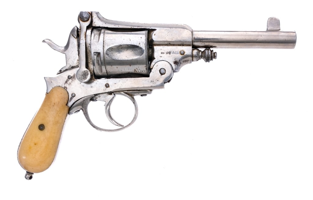 Belgian Webley-Pryse .44 Win DA Revolver: Description Belgian Webley-Pryse Top Break Revolver ( Gasser Revolver ) in .44 Winchester with a five round capacity and a 5.5" barrel. Made in Belgium between 1880 and 1898. Smooth natural bone/horn