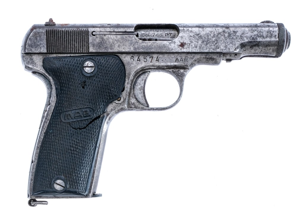 MAB Model D Type I .32 ACP Semi Auto Pistol: Description MAB Model D Type I in .32 ACP with one, nine round capacity removable magazine and a 4" barrel. Checkered black composite grip plates. Finish worn blued frame, trigger and serrated slide. 