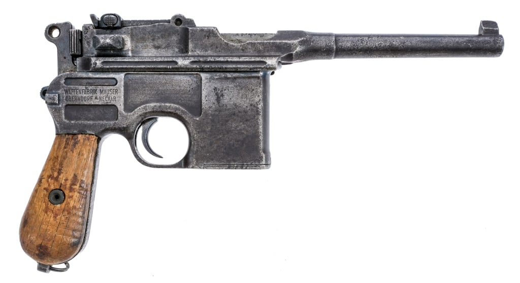Mauser C96 7.63x25mm Semi Auto Pistol: Description Mauser C96 "Broom Handle" chambered in 7.63x25mm with a ten round internal magazine and a 5" barrel. Imported by Century Arms, marked under the barrel. Manufactured between 1930 and 1932 w