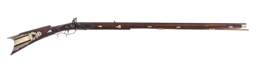 Full Stock Flintlock Musket Rifle: Description Unknown maker full stock flintlock musket measuring in at the bore 9.36mm with a single round capacity and a 41" octagon barrel. Unmarked lock. Silver finished butt plate and inlays. Silve