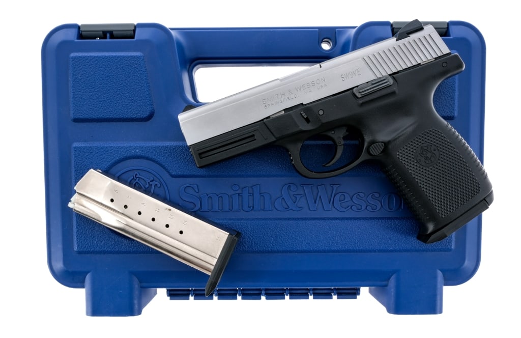 Smith & Wesson SW9VE 9mm Semi Auto Pistol: Description Smith & Wesson SW9VE chambered in 9mm with two, sixteen round removable magazines and a 4" barrel. Textured polymer frame with front accessories rail. Polymer striker fired trigger with tr
