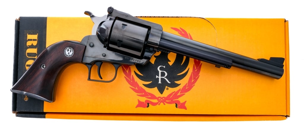 Ruger New Model Super Blackhawk .44 Mag Revolver: Description Ruger New Model Super Blackhawk chambered in .44 Remington Magnum with a six-shot cylinder and a 7.5" barrel. Manufactured in 1986 with serial number 85-61701. Blued barrel, frame, unflute