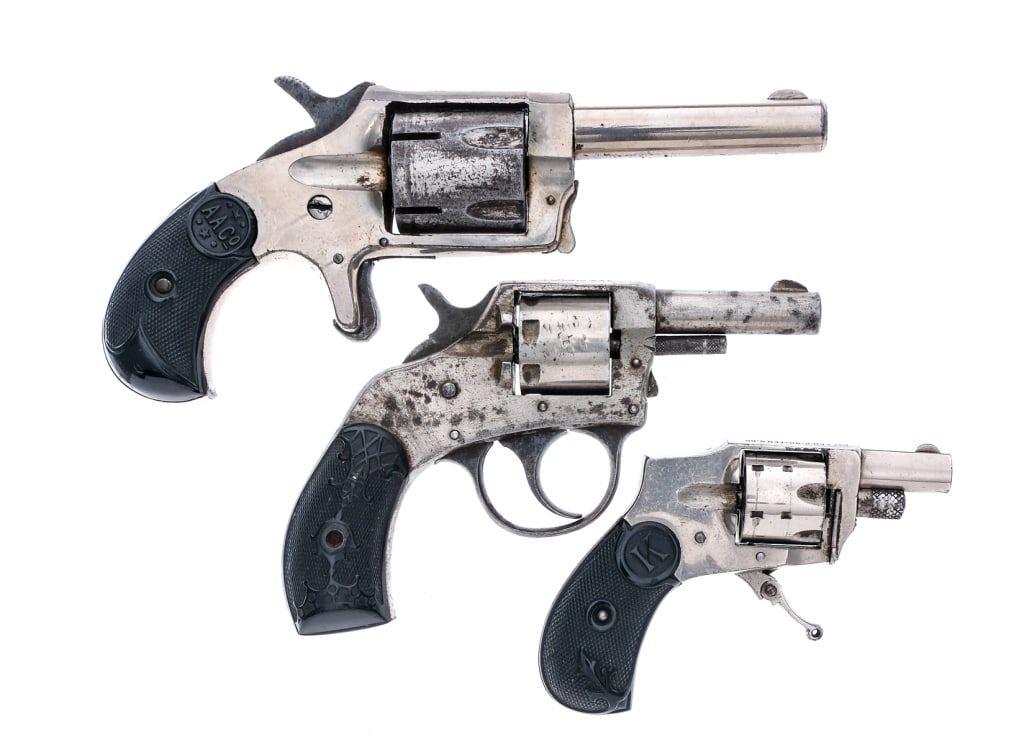 Pocket Revolvers 3Pcs Lot Revolver: Description Pocket revolver three piece lot. AA Company Marquis Of Lorne in .32 Rimfire Long with a five round capacity and a 2.75" barrel. Composite grips. Nickel finished frame, cylinder and barrel.