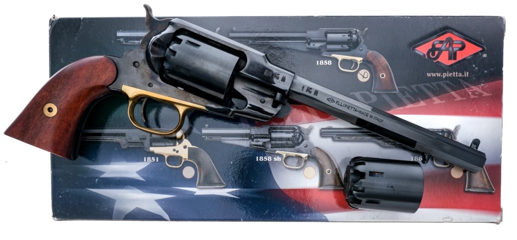 Pietta 1858 Remington Army .44 Cal BP Revolver: Description Pietta 1858 Army chambered in .44 Caliber with two, six-shot cylinders and a 8" octagonal barrel. Blued barrel, frame, and cylinder. Case colored single action trigger and hammer. Brass tr