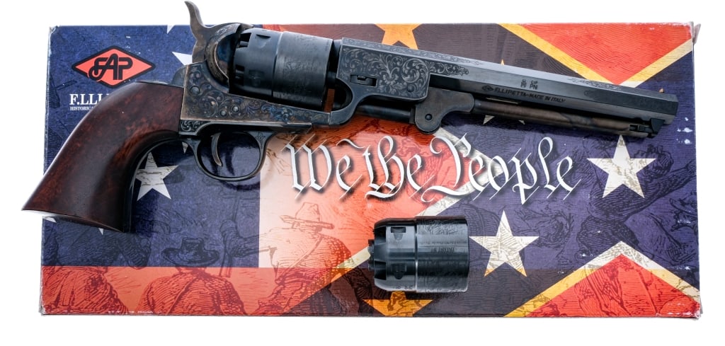Pietta 1851 Navy Yank London .44 Cal Revolver: Description Pietta 1851 Navy Yank London chambered in .44 Caliber with two, six-shot engraved cylinders and a 7.5" octagonal barrel. Blued barrel, cylinder, and grip frame. Case colored ram rod, frame