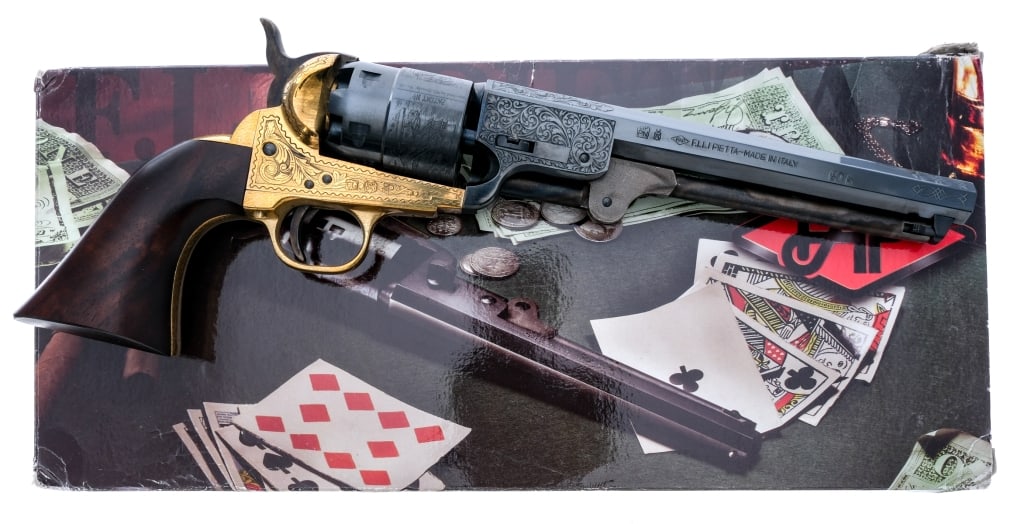 Pietta 1851 REB Nord Navy Deluxe .44 Revolver: Description Pietta 1851 Reb Nord Navy Deluxe chambered in .44 Caliber with a six-shot engraved cylinder and 7.5" octagonal barrel. Blued barrel and cylinder. Case colored ram rod, single action trigge