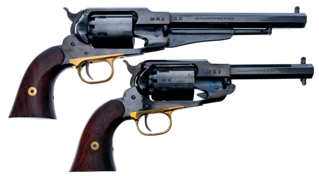 Pietta 1858 Remington Army .44 Cal BP Revolvers: Description This lot is for two Pietta 1858 Army Black powder revolvers, both chambered in .44 Caliber. One has an 7" octagonal barrel and the other has a 5.5" octagonal barrel. Both revolvers have bl