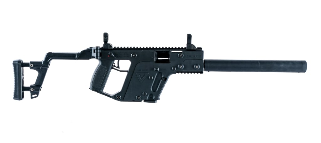 Kriss Vector G1 .45 ACP Semi Auto Rifle: Description Kriss Vector Gen 1 chambered in .45 ACP with one, thirteen round Glock magazine and a 16" barrel with faux suppressor. Close bolt delayed blowback operation with Kriss Super V recoil syste