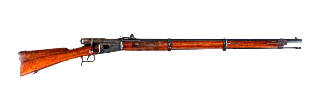 Swiss Vetterli 1869/71 .41 Swiss RF Rifle: Description Swiss Vetterli model 1869/71 chambered in 10.4x38mm (.41 Swiss Rimfire) with a eleven round tubular magazine and a 33.1" barrel. Front cleaning rod. Blued barrel, bands, receiver, bolt, tr