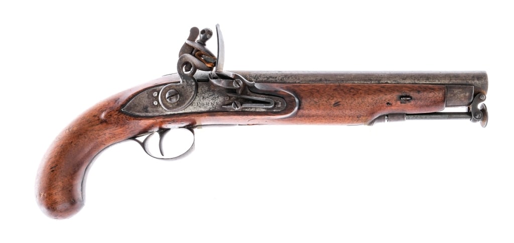 W. Parker .65 Flintlock Pistol: Description English made W. Parker Flintlock Pistol in .65 caliber with a single round capacity and a 9" barrel. Smooth wood stock. Finish worn trigger guard, trigger, lock plate, frizzen hammer, side