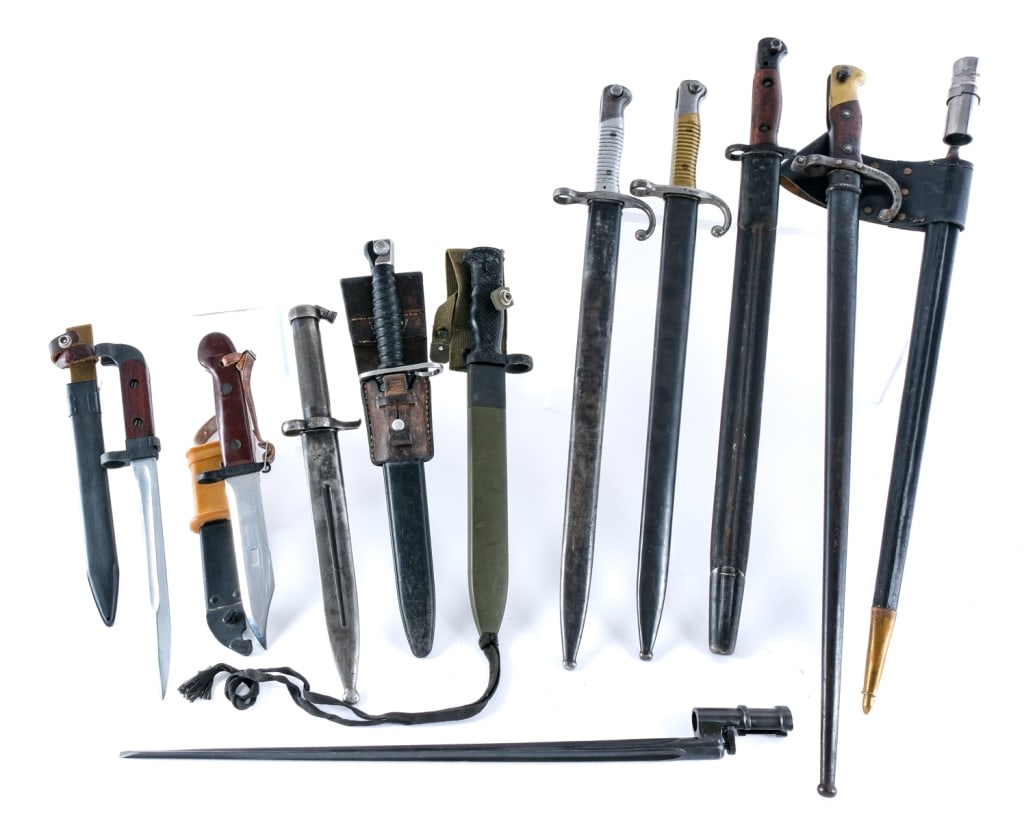 Miscellaneous Bayonet Lot 11 Pieces: Description This lot is for eleven miscellaneous bayonets of various make and model. First is a Chinese made AK47 bayonet with with stainless blade, blued body with wood grip, and blued scabbard with