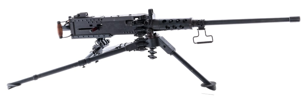 Browning M2HB Functioning Non Firing Model: Description Scaled down semi functioning model of a Browning M2HB .50 caliber belt fed machine gun. Unknown manufacture and appears to be unsigned. Mounted on a tripod with pintle, also comes with mod