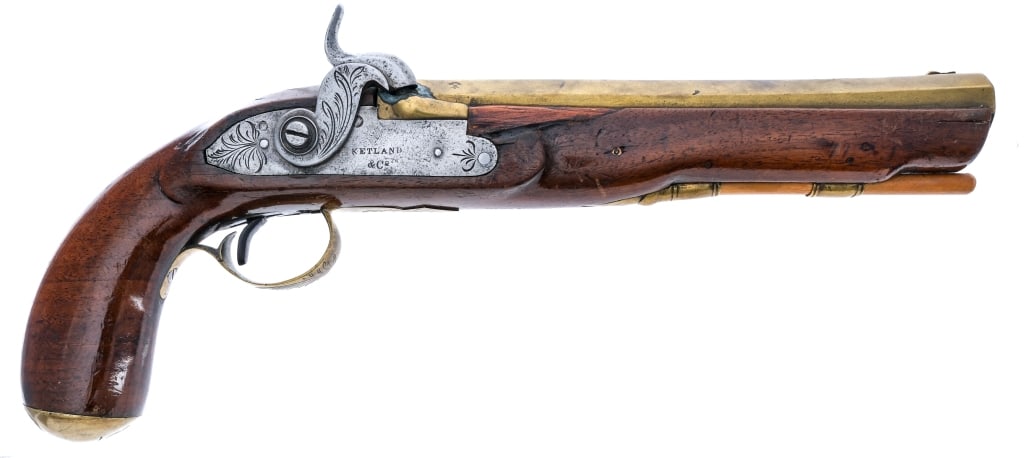 London Ketland & Co Fur Trade Percussion Pistol: Description Ketland & Co Fur Trade Flintlock Conversion pistol in .58 caliber with a single round capacity and a 8.75" brass barrel. Engraved brass butt cap and trigger guard. Smooth wood stock. Finis