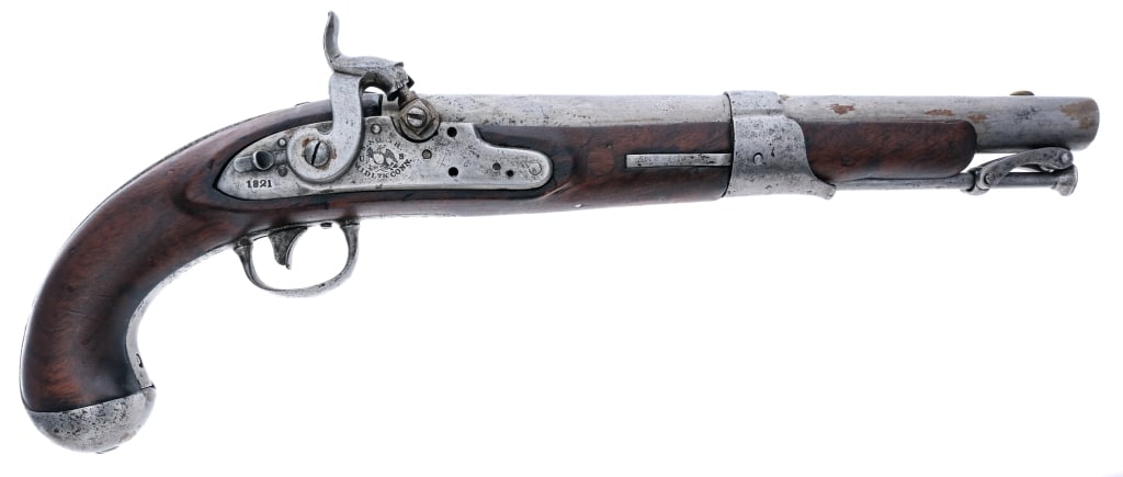 Simeon North Model 1819 Conversion .54 Pistol: Description U.S. Simeon North Model 1819 Flintlock to Percussion Conversion Pistol in .54 caliber with a single round capacity and a 10" barrel. Made in Middletown Connecticut in 1821. Smooth wood sto