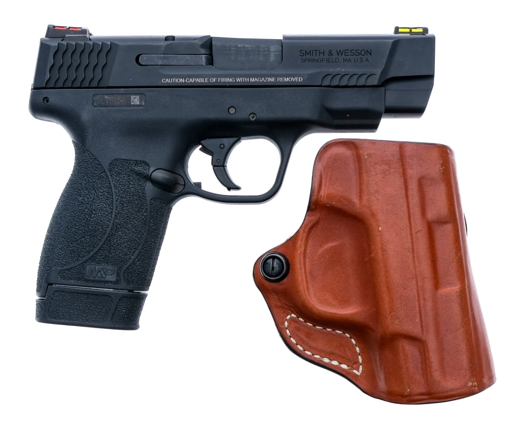 S&W M&P 45 Shield PC .45 ACP Semi Auto Pistol: Description Smith & Wesson M&P Shield Performance Center chambered in .45 ACP with one, seven round magazine and a 4" barrel. Black polymer frame with aggressive grip texture. Polymer striker fired tr