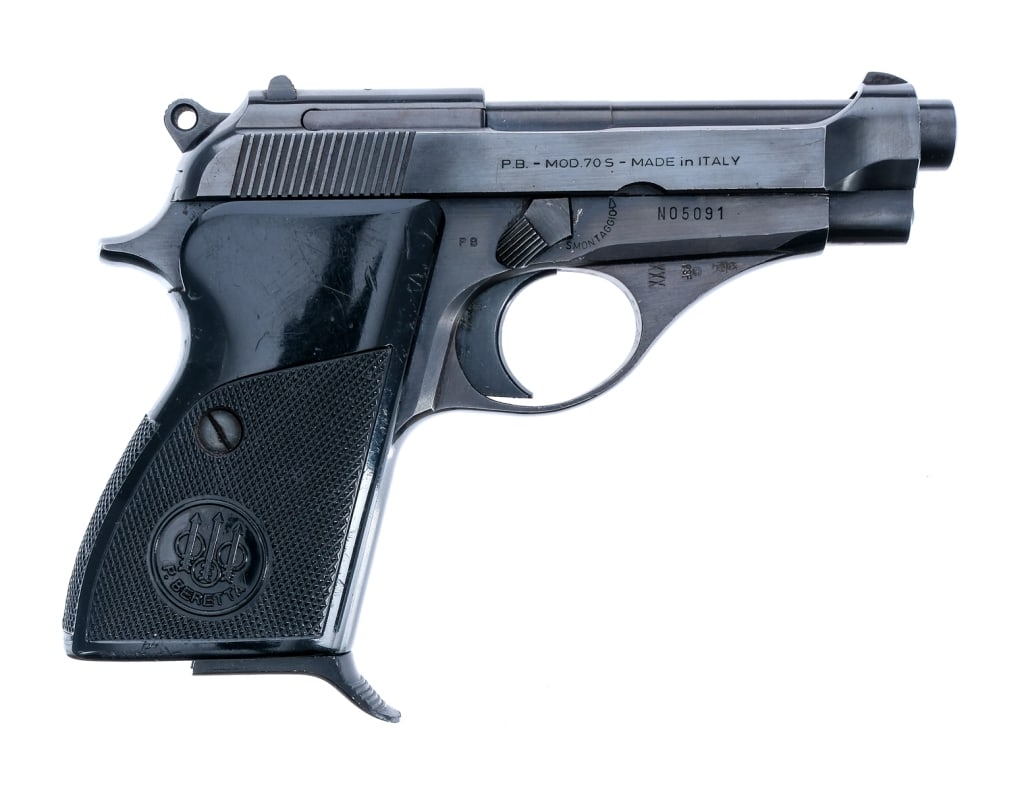 Beretta 70S .380 ACP Semi Auto Pistol: Description Beretta 70S chambered in .380 ACP with one, seven round removable magazine and a 3.5" barrel. Manufactured in 1974 with XXX date code and serial number N05091. Blued steel frame with check