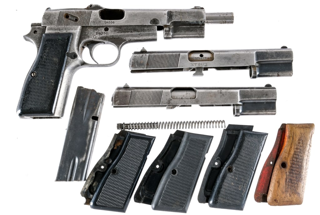 Browning Hi Power 9mm Parts Lot Pistol: Description Browning Hi-Power parts lot. Includes one Inglis Canadian Hi-Power parts pistol with serial matching frame, barrel and slide. Two Belgian made Browning slides with barrels. One slide is fo