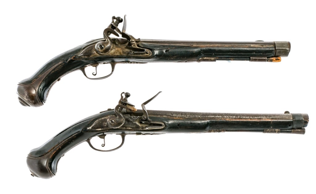Flintlock Holster/Horse Pistols 2Pcs Pistol: Description This lot is for two black powder flintlock Holster/Horse Pistols in .68 caliber. Unknown maker on this set with unknown proofs throughout. Finish worn pommels, trigger guards, triggers, fr