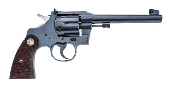 Colt Officers Model .22 LR Revolver: Description Colt Officers Model Target Rimfire in .22 long rifle with a six round capacity and a 6" barrel. Made in Hartford Connecticut in 1937. Checkered wood grip plates. Blued knurled trigger, fra