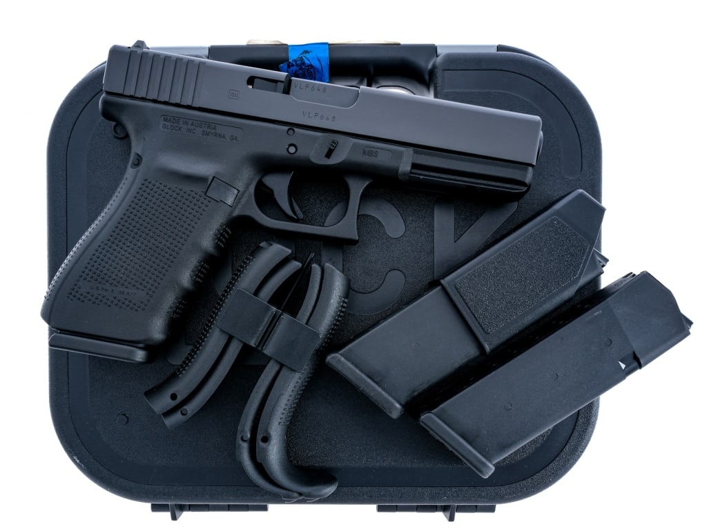 Glock 21 Gen 4 .45 ACP Semi Auto Pistol: Description Glock 21 Generation four in .45 ACP with three, thirteen round removable magazines and a 4.75" barrel. Fully textured polymer grip on frame with interchangeable backstrap. Black finished s