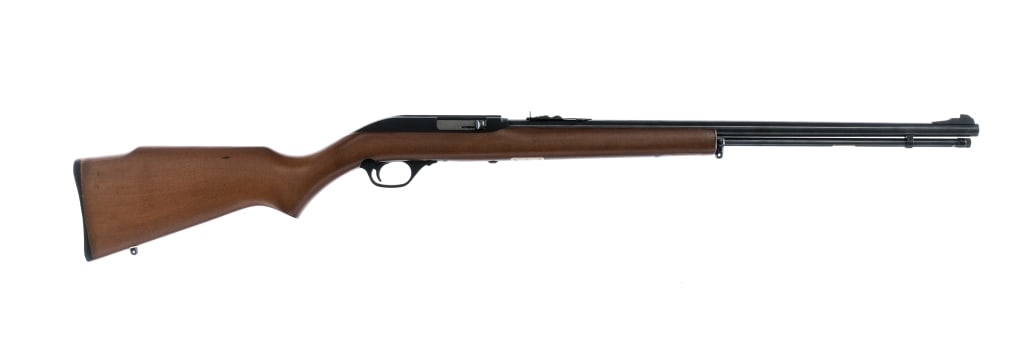 Marlin Model 60 .22LR Semi Auto Rifle: Description Marlin Model 60 chambered in .22 long rifle with a tubular magazine and a 22" barrel. Blued barrel, magazine tube, and charging handle. Adjustable rear sight and fixed front blade. Black f