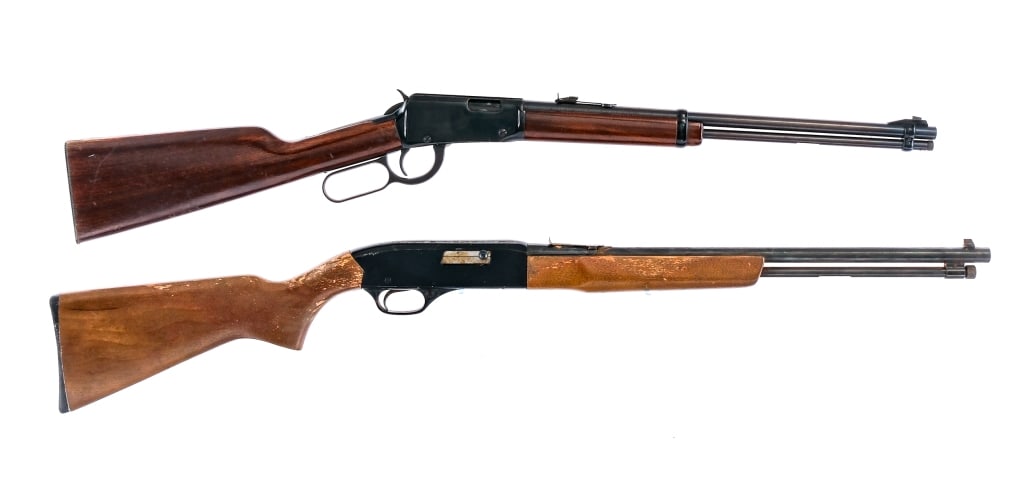 Estate Rifles .22 2Pcs Lot Rifles: Description Estate rifle lot with two .22 caliber pieces. Erma Werke Model EG 712 in .22 Short, Long or Long Rifle with a varied capacity and a 18.5" barrel. Serrated metal butt plate. Smooth wood sto