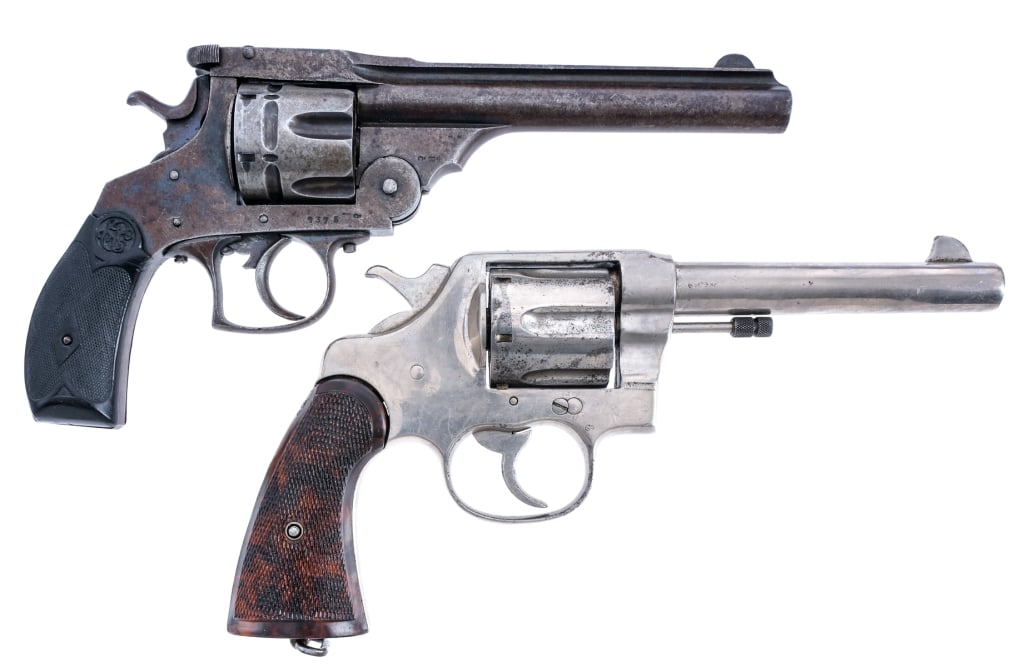 Estate Revolver Lot .44 2Pcs Lot Revolver: Description Estate revolver lot with two .44 caliber pieces. Maker unknown top break in .44 Winchester with a six round capacity and a 6" barrel. Marked Belgium on the frame. Checkered black composite