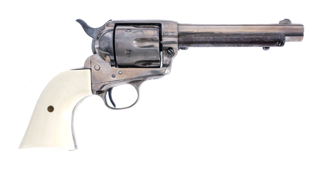 Colt Single Action Army .45 LC Revolver: Description Colt SAA ( Single Action Army ) in .45 Long Colt with a six round capacity and a 5.5" barrel. White composite grip plates. Made in Hartford Connecticut in 1901. Nickel finished trigger gua