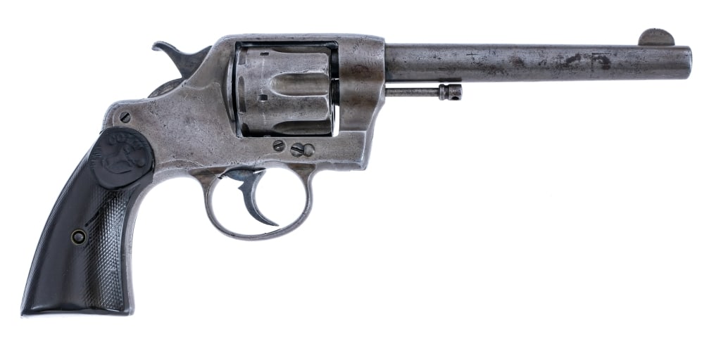 Colt DA 38 .38 LC Double Action Revolver: Description Colt Double Action 38 in .38 Long Colt with a six round capacity and a 6" barrel. Made in New Haven Connecticut in 1903. Checkered composite grip plates. Finish worn blued frame, trigger,