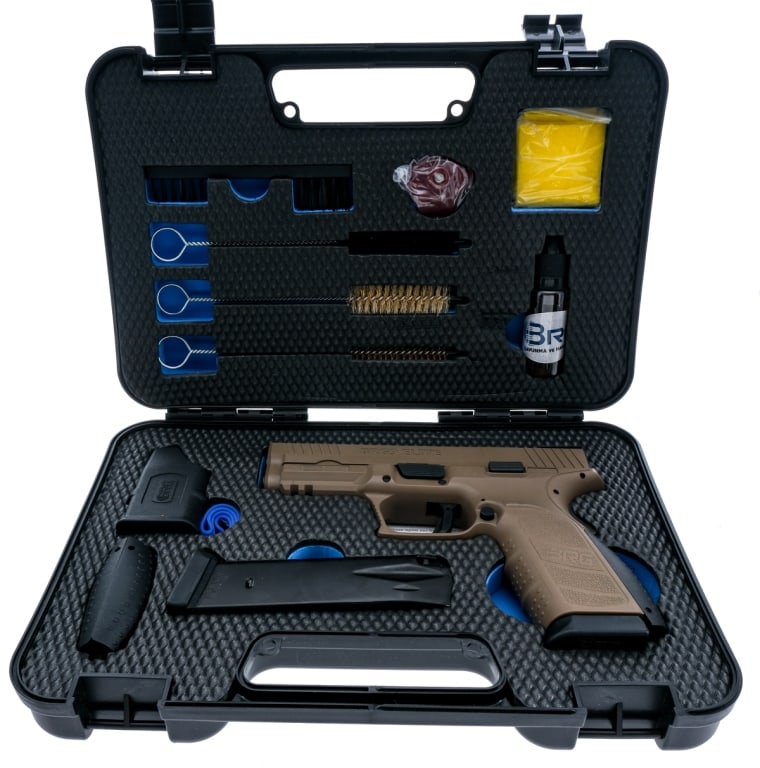 Burgu Metal Co BRG9 Elite 9mm Semi Auto Pistol: Description Burgu Metal Company BRG9 Elite in 9mm with two, sixteen round removable magazines and a 4" barrel. Made in Turkey. Desert tan composite frame. Black composite trigger. Desert tan finished 
