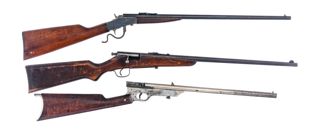 Single Shot .22 Rifles 3Pcs Rifle: Description This lot is for three .22 caliber rifles. M. Quackenbush Safety Cartridge Rifle( Boys Rifle ) in .22 Long Rifle with a single round capacity and a 18" barrel. Smooth wood stock. Nickel fin