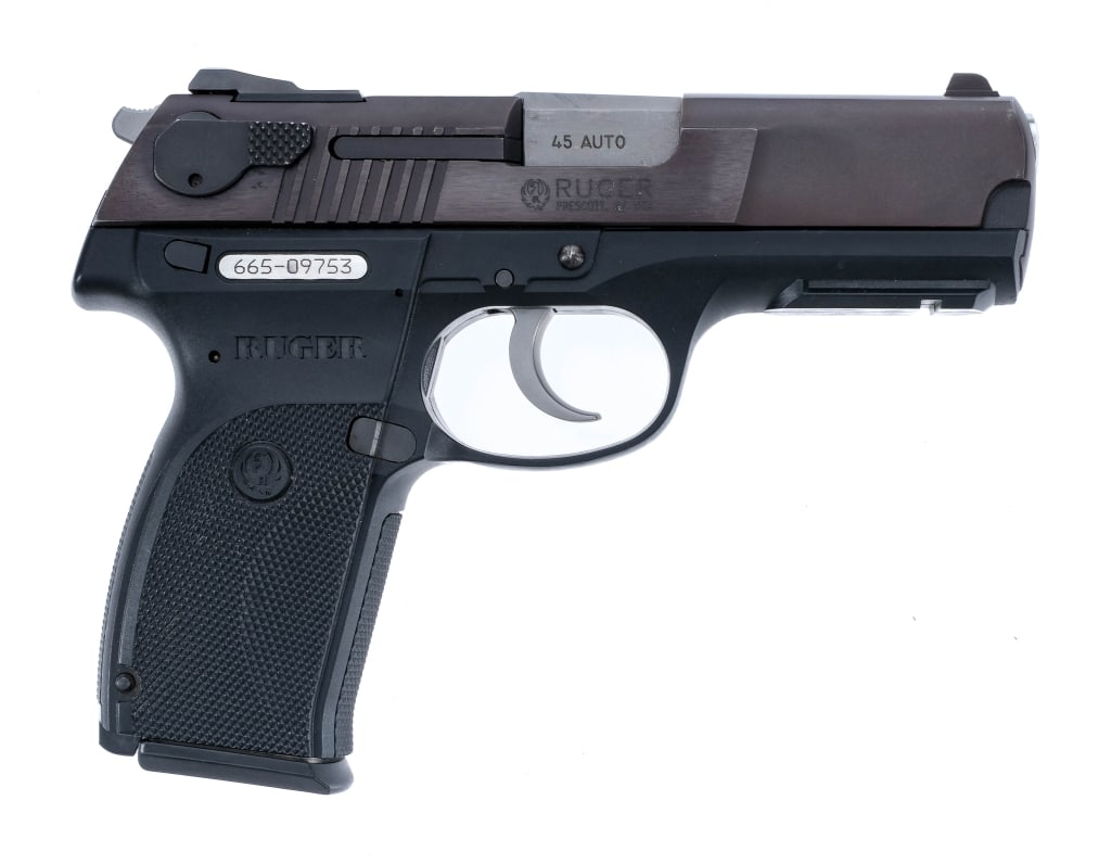 Ruger P345 .45 ACP Semi Auto Pistol: Description Ruger P345 chambered in .45 ACP with one, eight round removable magazine and a 4.2" barrel. Manufactured in 2013 with serial number 665-09753. Textured polymer frame with under barrel acce