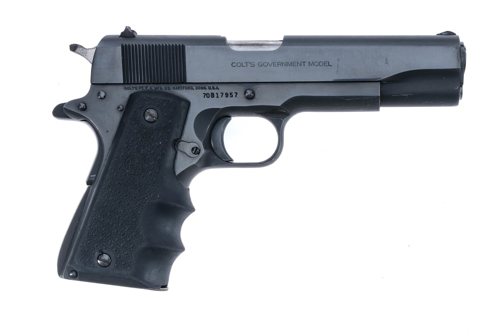 Colt MKIV Series '70 Government 1911 .45ACP Pistol: Description Colt MKIV Series '70 Government Model chambered in .45 ACP with one, seven round removable Colt magazine and a 5" barrel. Manufactured in 1982 with serial number 70B17957. Blued steel fram