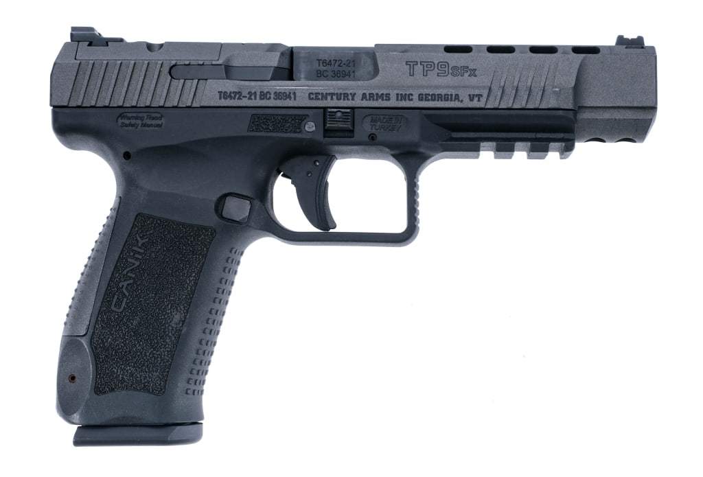 Canik TP9SFX 9mm Semi Auto Pistol: Description Canik TP9SFX chambered in 9mm with one, ten round magazine and a 5 1/4" barrel. Black textured polymer frame with interchangeable backstraps and under barrel accessories rail. Polymer stri