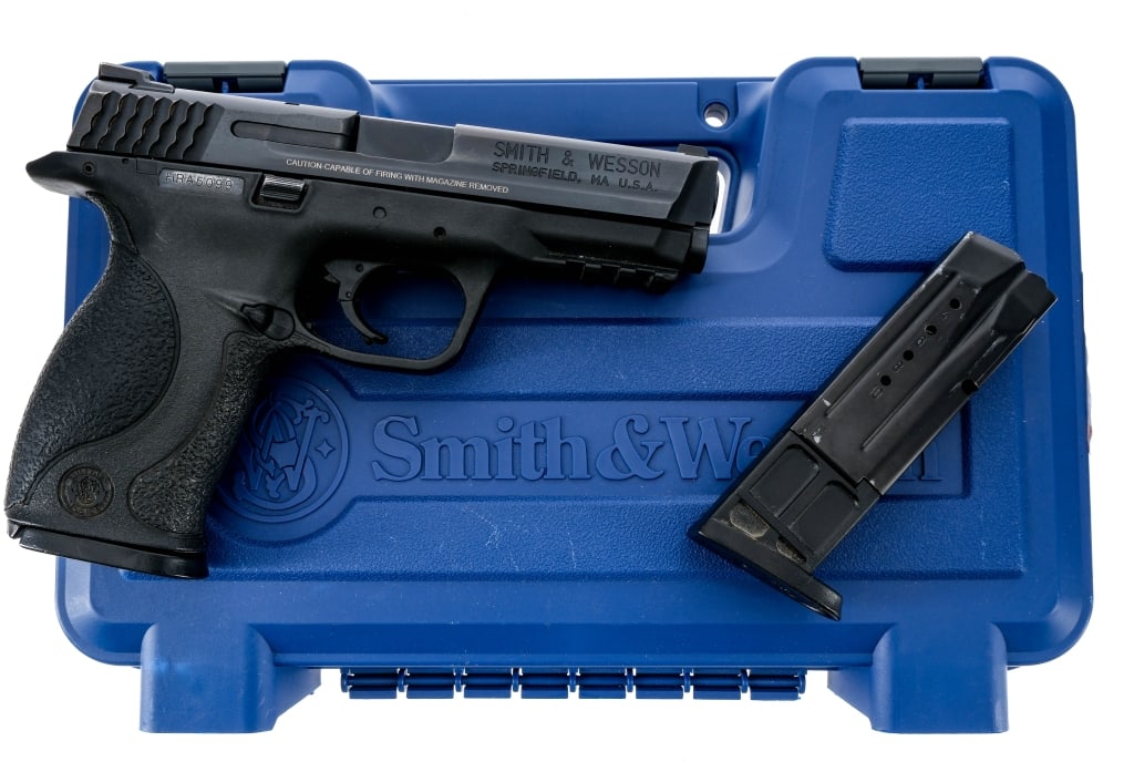 S&W M&P9 9mm Semi Auto Pistol: Description Smith & Wesson M&P9 chambered in 9mm with two, ten round magazines and a 4 1/4" barrel. Black finished textured polymer frame with interchangeable backstrap and under barrel accessories ra